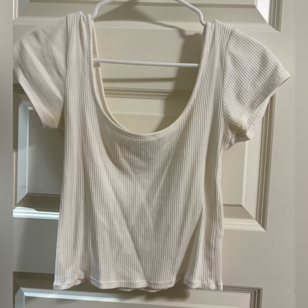 Topshop Cream Ribbed Short Sleeve Top